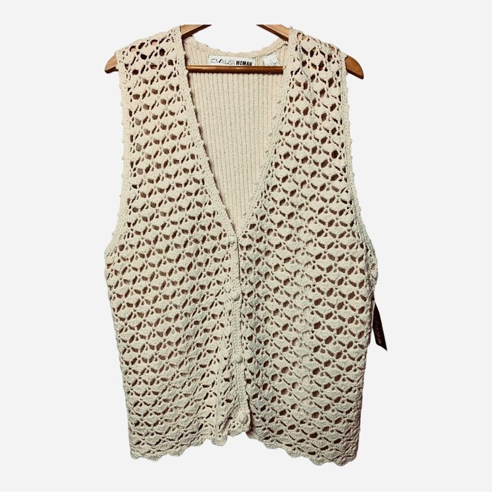 Vintage 100% Silk Chaus Crochet Button Front Cardigan Boho Sweater Vest Large